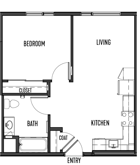 a floor plan of a studio apartment with a bedroom and a living room